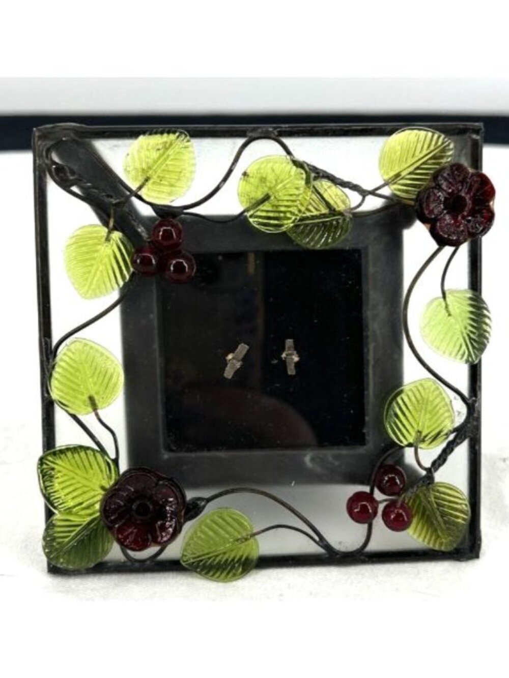 Floral Berries Leaves Glass Picture Frame holds 2 5/8 x 2 1/2" Picture